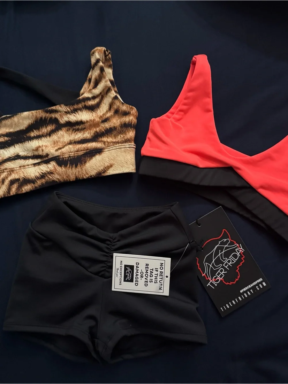 Tiger Friday Kids Matching Sports Bra & Shorts Set in Coral,Black & Animal Print